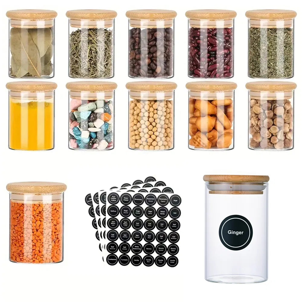 12 Pcs Round Spice Jars With Bamboo Lids And Stickers, Glass Storage Jars, Candy Jars, Coffee Jars, Salt Jars, Pepper Jars, Tea Jars