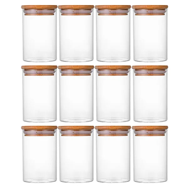 12 Pcs Round Spice Jars With Bamboo Lids And Stickers, Glass Storage Jars, Candy Jars, Coffee Jars, Salt Jars, Pepper Jars, Tea Jars