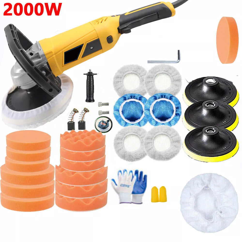 2000W Electric Polisher Car Sander Machine Kit Buffer Pad Sponge Polishing Waxer